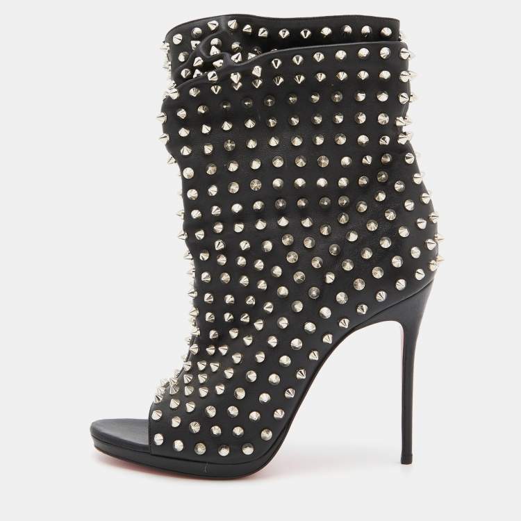 Pre Owned Christian Louboutin Black Leather Spiked Guerilla Peep Toe Slouchy Ankle Boots Size 38.5