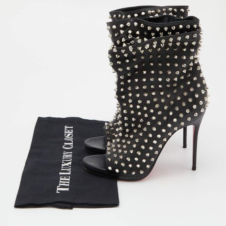 Pre Owned Christian Louboutin Black Leather Spiked Guerilla Peep Toe Slouchy Ankle Boots Size 38.5