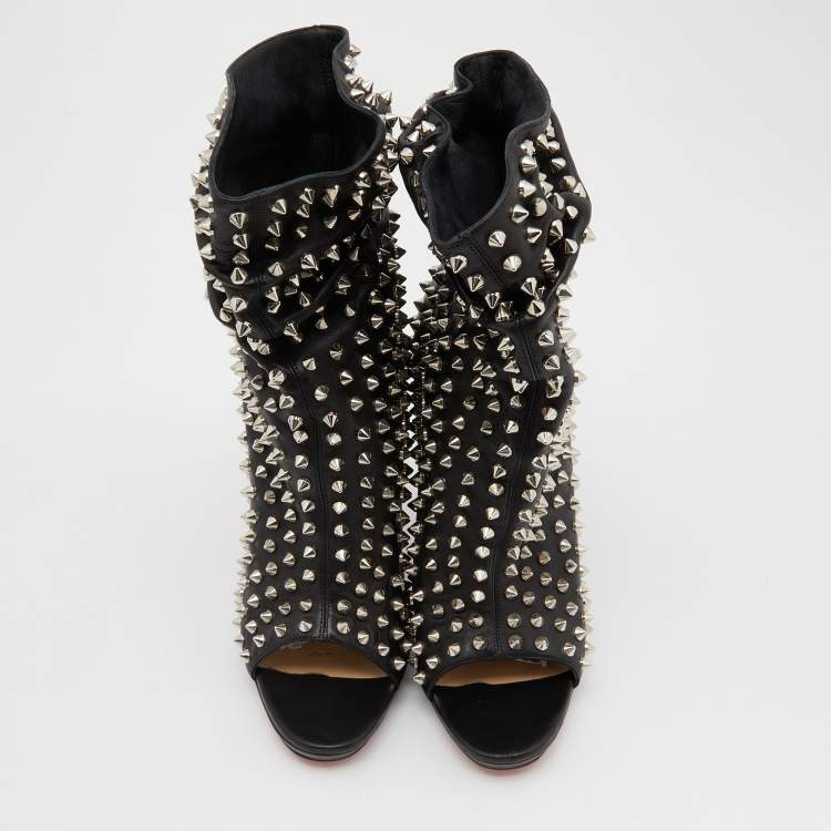 Pre Owned Christian Louboutin Black Leather Spiked Guerilla Peep Toe Slouchy Ankle Boots Size 38.5
