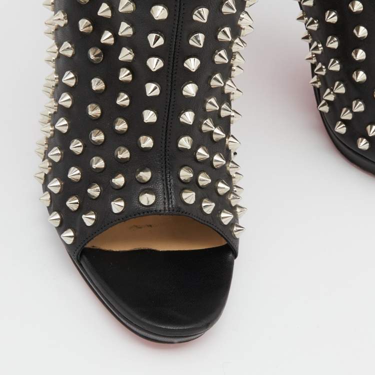 Pre Owned Christian Louboutin Black Leather Spiked Guerilla Peep Toe Slouchy Ankle Boots Size 38.5