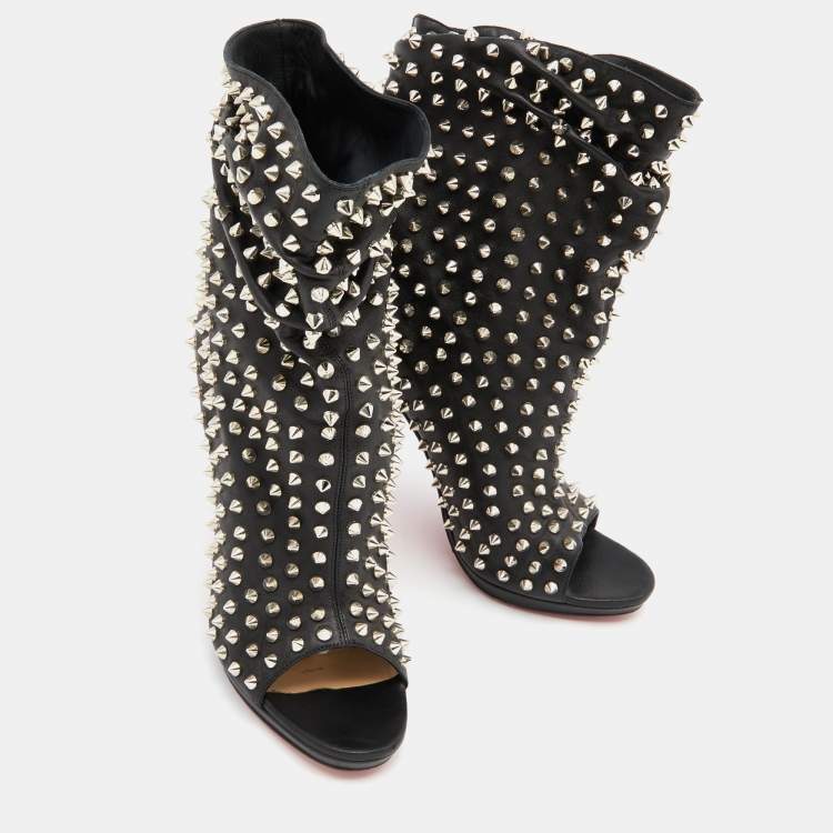 Pre Owned Christian Louboutin Black Leather Spiked Guerilla Peep Toe Slouchy Ankle Boots Size 38.5