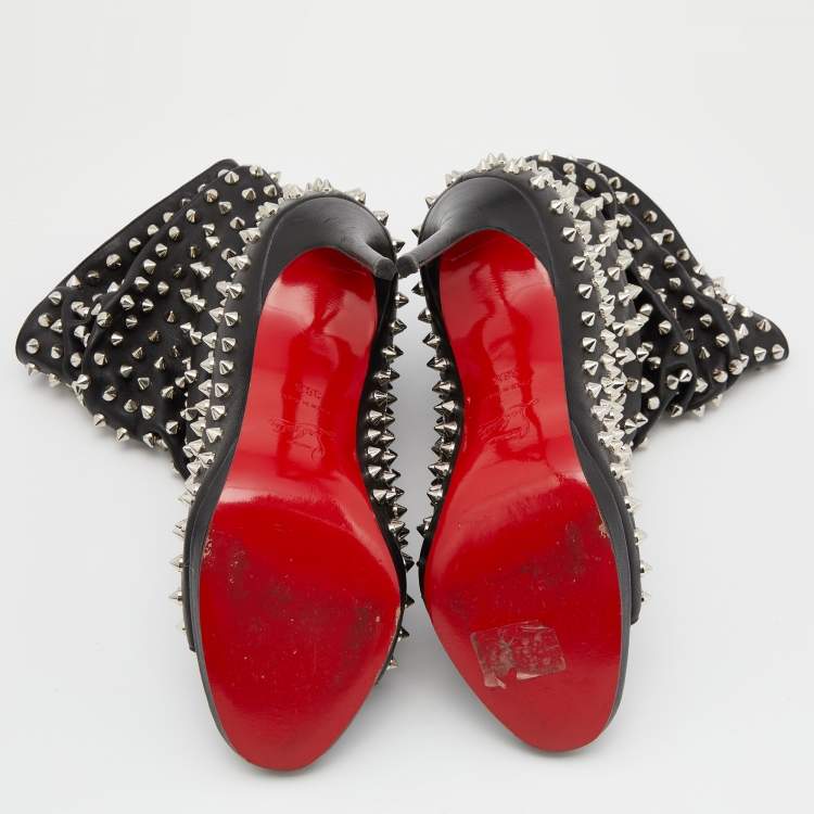 Pre Owned Christian Louboutin Black Leather Spiked Guerilla Peep Toe Slouchy Ankle Boots Size 38.5