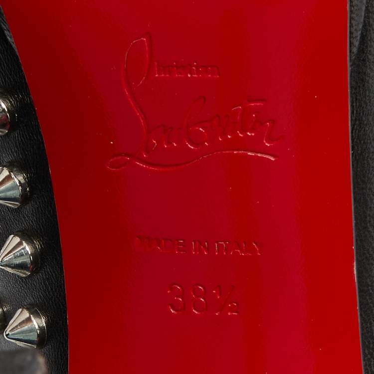 Pre Owned Christian Louboutin Black Leather Spiked Guerilla Peep Toe Slouchy Ankle Boots Size 38.5