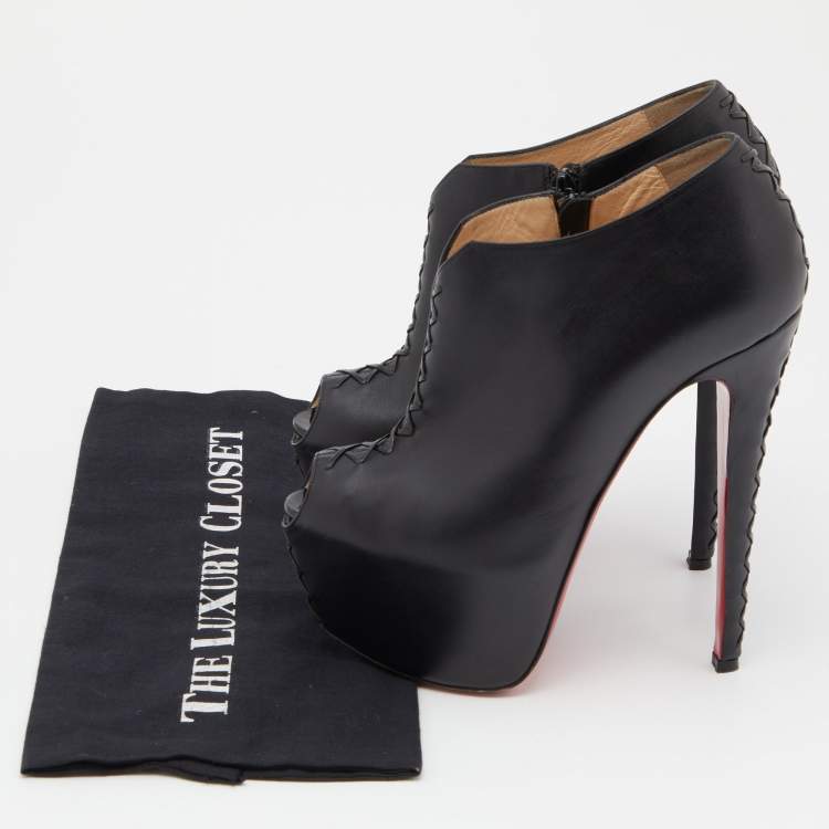 Pre Owned Christian Louboutin Black Leather Recouzetta Peep Toe Platform Booties Size 39
