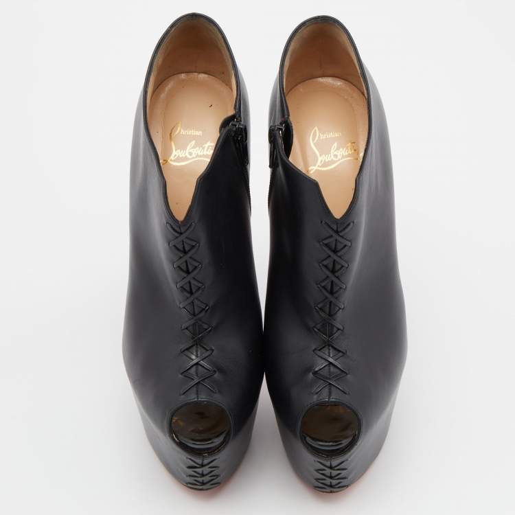 Pre Owned Christian Louboutin Black Leather Recouzetta Peep Toe Platform Booties Size 39