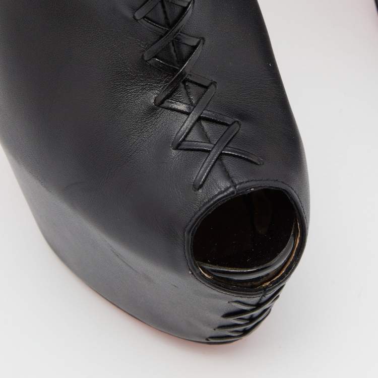 Pre Owned Christian Louboutin Black Leather Recouzetta Peep Toe Platform Booties Size 39