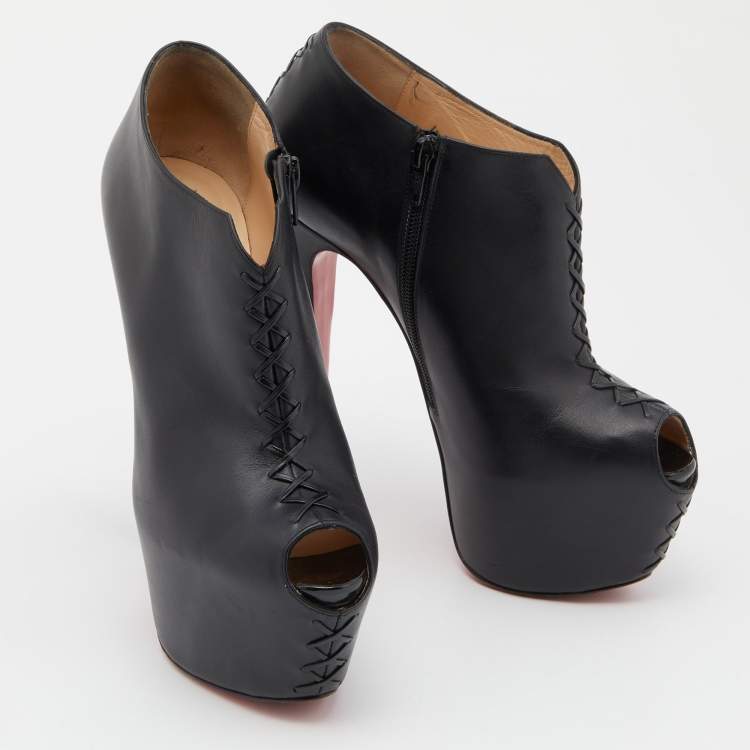 Pre Owned Christian Louboutin Black Leather Recouzetta Peep Toe Platform Booties Size 39