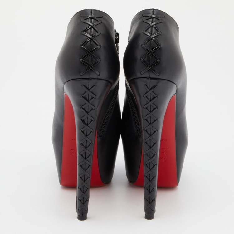 Pre Owned Christian Louboutin Black Leather Recouzetta Peep Toe Platform Booties Size 39