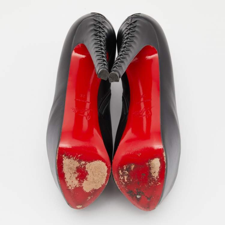 Pre Owned Christian Louboutin Black Leather Recouzetta Peep Toe Platform Booties Size 39