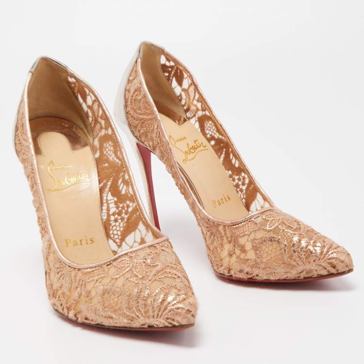 مملوكة مسبقًا Christian Louboutin Pink/Metallic Lace and Leather Follies Lace Pumps Size 37.5