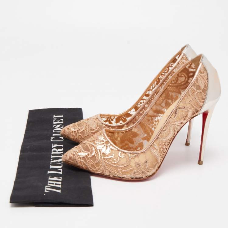 مملوكة مسبقًا Christian Louboutin Pink/Metallic Lace and Leather Follies Lace Pumps Size 37.5