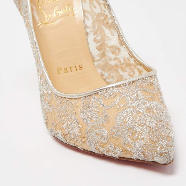 Pre Owned Christian Louboutin Silver Lace and Glitter Pigalle Follies Pumps Size 37.5