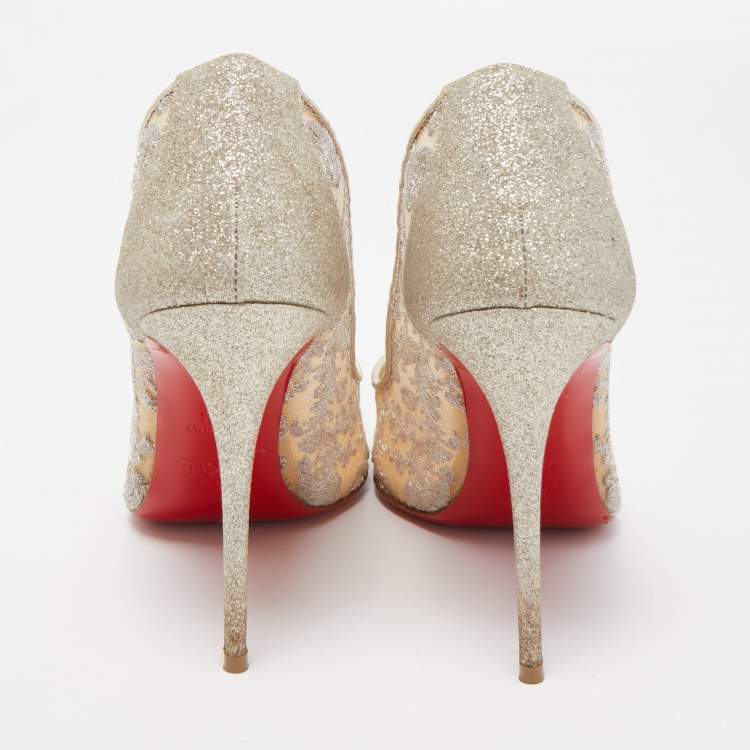 Pre Owned Christian Louboutin Silver Lace and Glitter Pigalle Follies Pumps Size 37.5