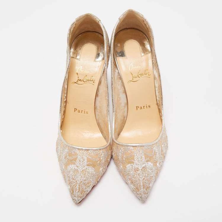 Pre Owned Christian Louboutin Silver Lace and Glitter Pigalle Follies Pumps Size 37.5