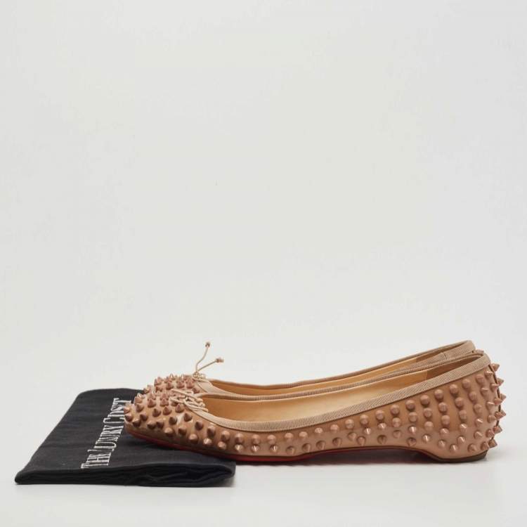 Pre Owned Christian Louboutin Beige Patent Leather Sonietta Spikes Bow Ballet Flats Size 39