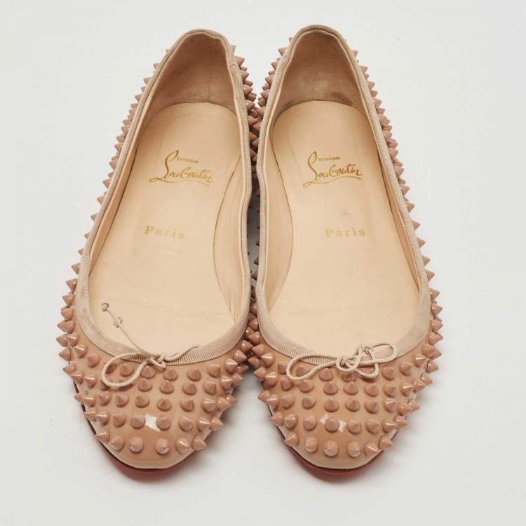 Pre Owned Christian Louboutin Beige Patent Leather Sonietta Spikes Bow Ballet Flats Size 39