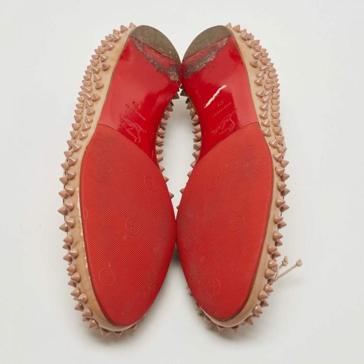 Pre Owned Christian Louboutin Beige Patent Leather Sonietta Spikes Bow Ballet Flats Size 39