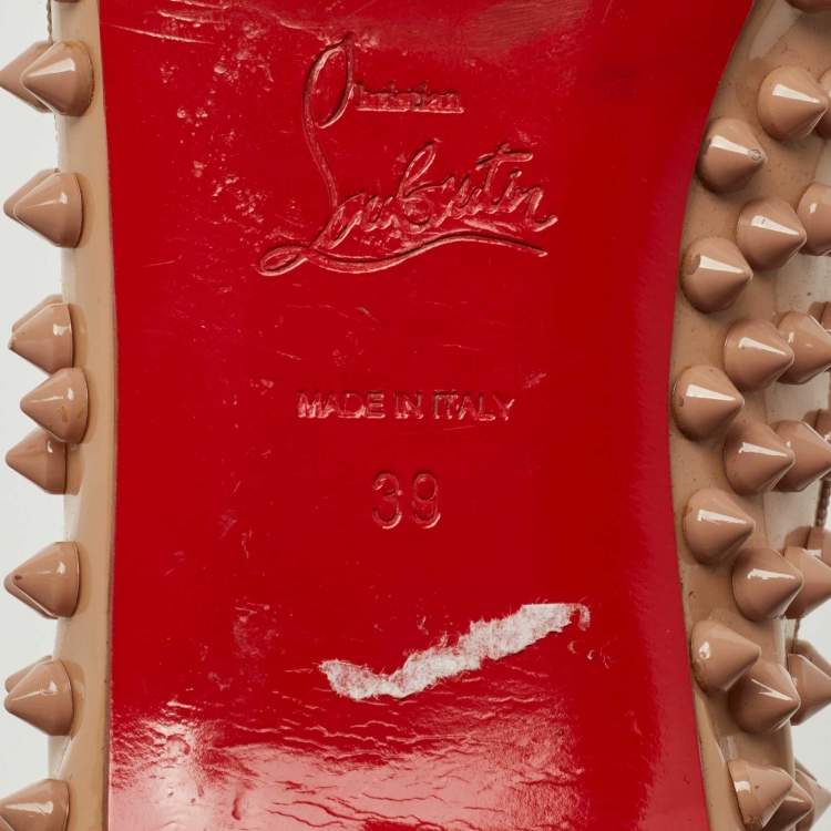 Pre Owned Christian Louboutin Beige Patent Leather Sonietta Spikes Bow Ballet Flats Size 39