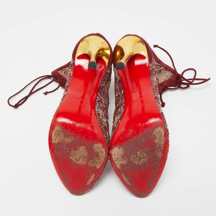 مملوكة مسبقًا Christian Louboutin Burgundy Suede and Floral Lace Ankle Booties Size 38.5