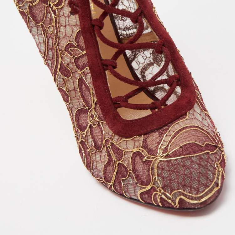 مملوكة مسبقًا Christian Louboutin Burgundy Suede and Floral Lace Ankle Booties Size 38.5