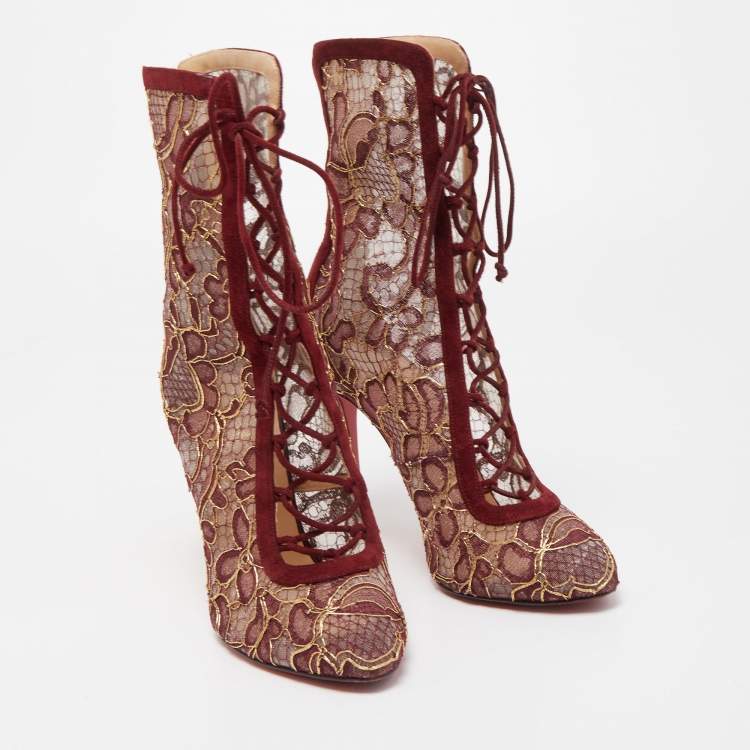 مملوكة مسبقًا Christian Louboutin Burgundy Suede and Floral Lace Ankle Booties Size 38.5