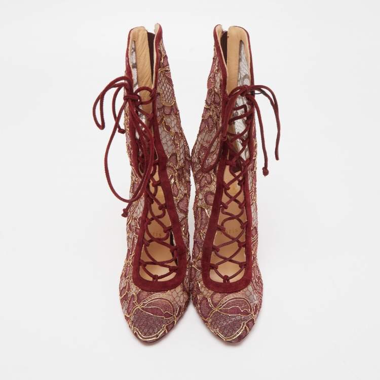 مملوكة مسبقًا Christian Louboutin Burgundy Suede and Floral Lace Ankle Booties Size 38.5