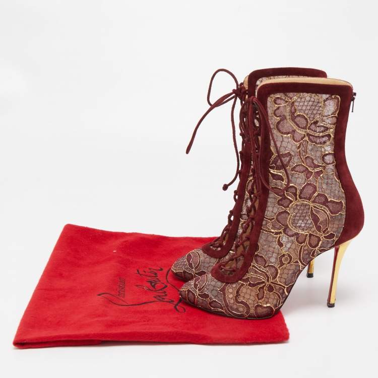 مملوكة مسبقًا Christian Louboutin Burgundy Suede and Floral Lace Ankle Booties Size 38.5