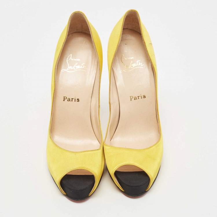 Pre Owned Christian Louboutin Yellow Satin Flo Platform Peep Toe Pumps Size 40