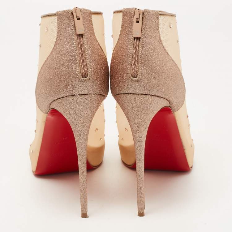 Pre Owned  Christian Louboutin Rose Gold Mesh And Glitter Crystal Embellished Peep Toe Booties Size 40