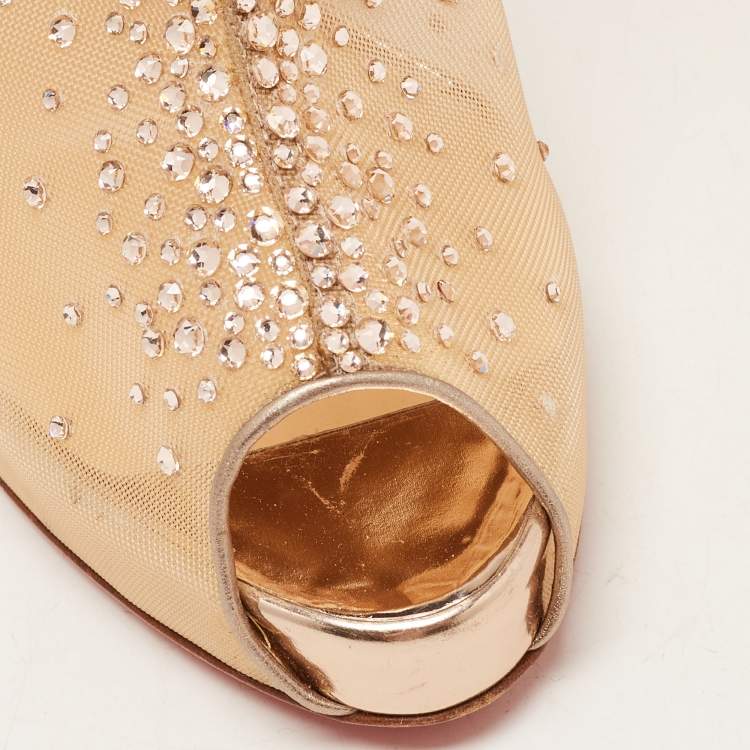 Pre Owned  Christian Louboutin Rose Gold Mesh And Glitter Crystal Embellished Peep Toe Booties Size 40