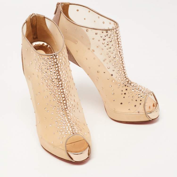 Pre Owned  Christian Louboutin Rose Gold Mesh And Glitter Crystal Embellished Peep Toe Booties Size 40