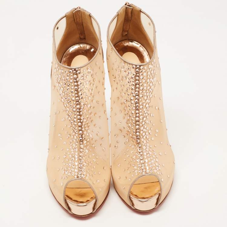 Pre Owned  Christian Louboutin Rose Gold Mesh And Glitter Crystal Embellished Peep Toe Booties Size 40