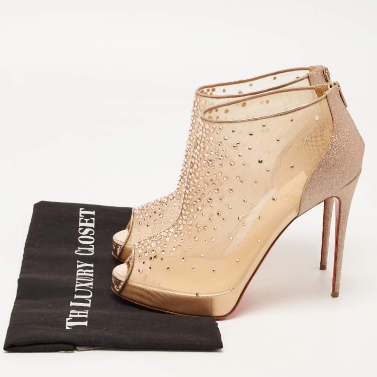 Pre Owned  Christian Louboutin Rose Gold Mesh And Glitter Crystal Embellished Peep Toe Booties Size 40