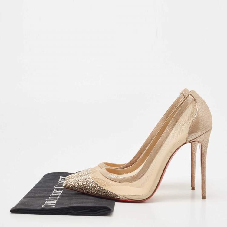 Pre Owned Christian Louboutin Beige Nubuck Leather And Mesh Crystal Embellished Galativi Pumps Size 40