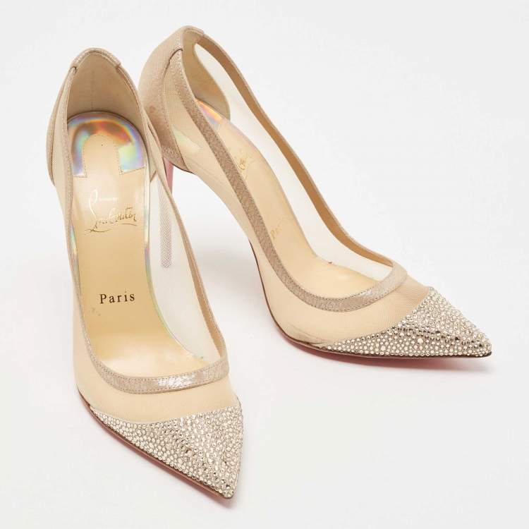Pre Owned Christian Louboutin Beige Nubuck Leather And Mesh Crystal Embellished Galativi Pumps Size 40