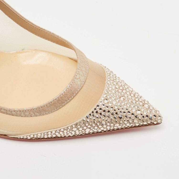 Pre Owned Christian Louboutin Beige Nubuck Leather And Mesh Crystal Embellished Galativi Pumps Size 40