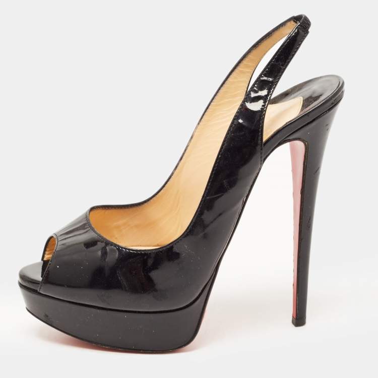 Pre Owned Christian Louboutin Black Patent Leather Lady Peep Slingback Pumps Size 39