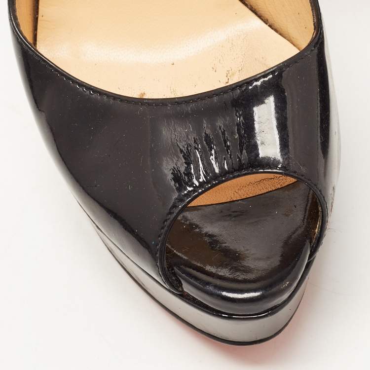 Pre Owned Christian Louboutin Black Patent Leather Lady Peep Slingback Pumps Size 39
