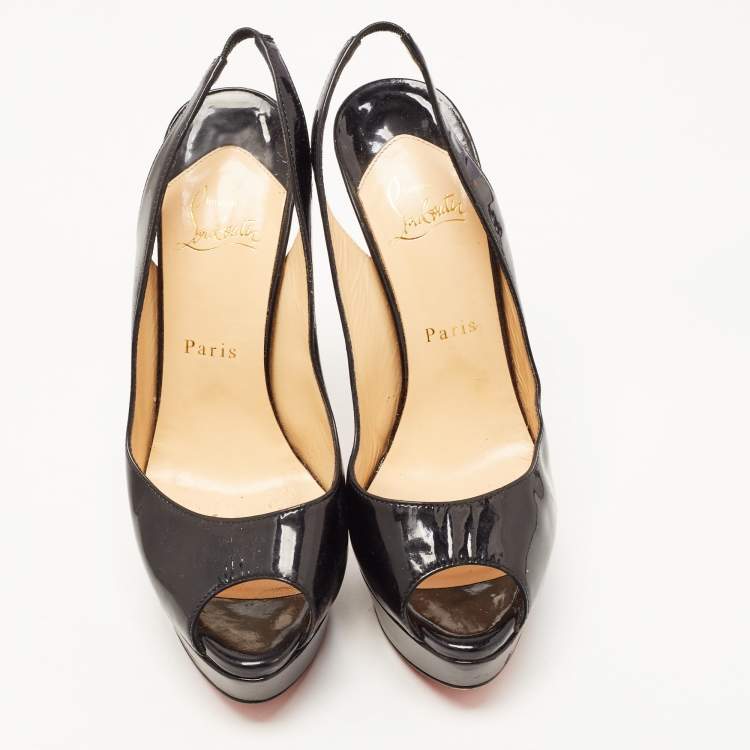 Pre Owned Christian Louboutin Black Patent Leather Lady Peep Slingback Pumps Size 39