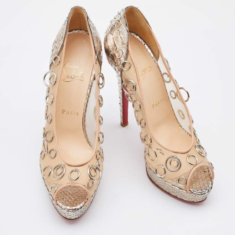 Pre Owned Christian Louboutin Python and Mesh Rings Pierce 140 Peep Toe Platform Pumps Size 38