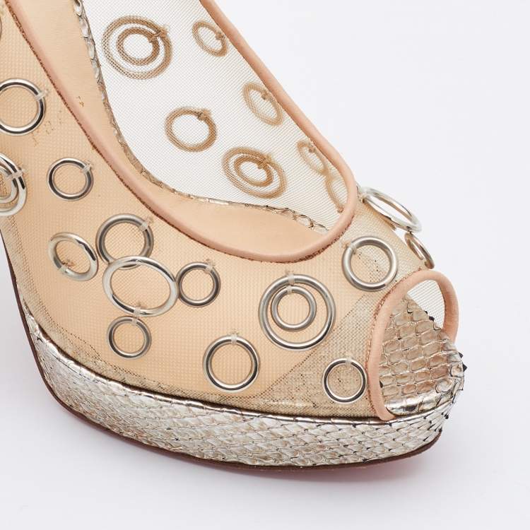 Pre Owned Christian Louboutin Python and Mesh Rings Pierce 140 Peep Toe Platform Pumps Size 38