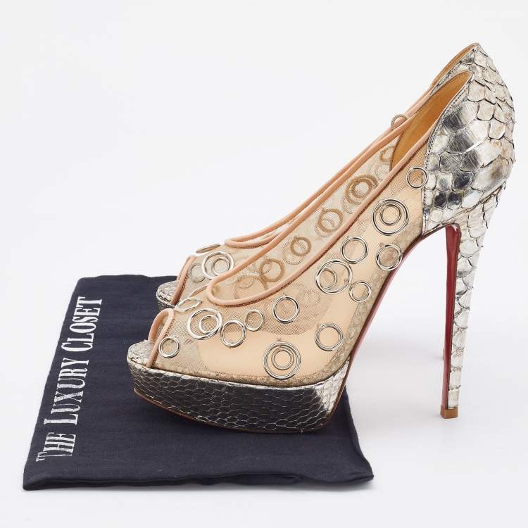 Pre Owned Christian Louboutin Python and Mesh Rings Pierce 140 Peep Toe Platform Pumps Size 38