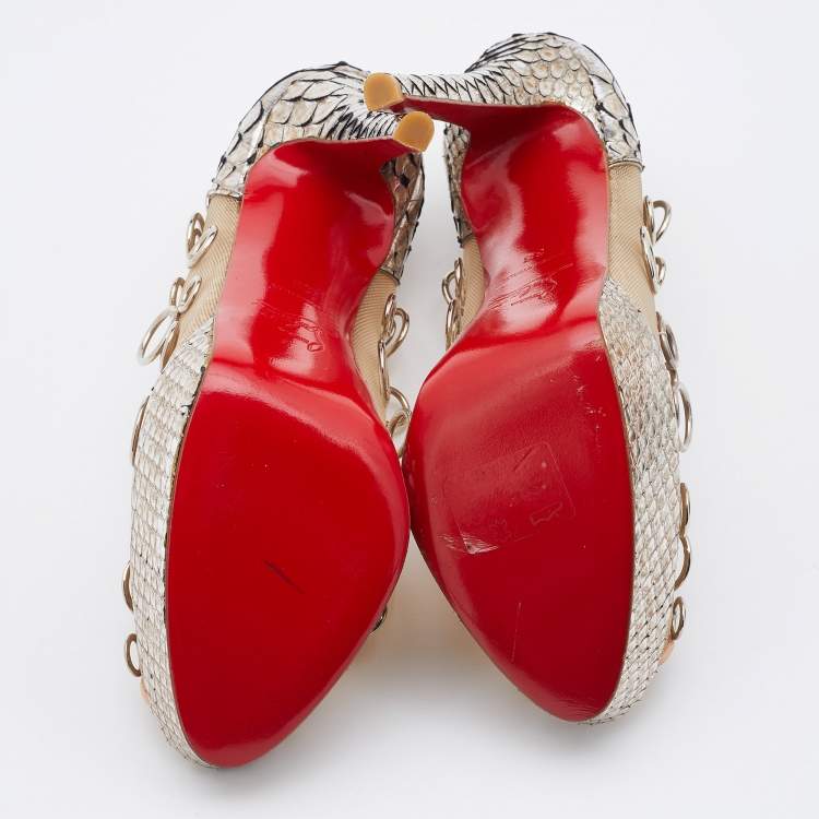 Pre Owned Christian Louboutin Python and Mesh Rings Pierce 140 Peep Toe Platform Pumps Size 38