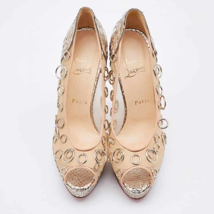 Pre Owned Christian Louboutin Python and Mesh Rings Pierce 140 Peep Toe Platform Pumps Size 38