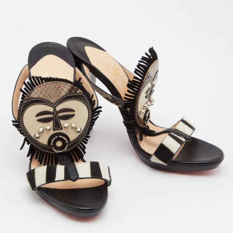 Pre Owned Christian Louboutin Multicolor Calfhair,Leather and Python Kimpa Mask Cuff Python Slide Sandals Size 38.5