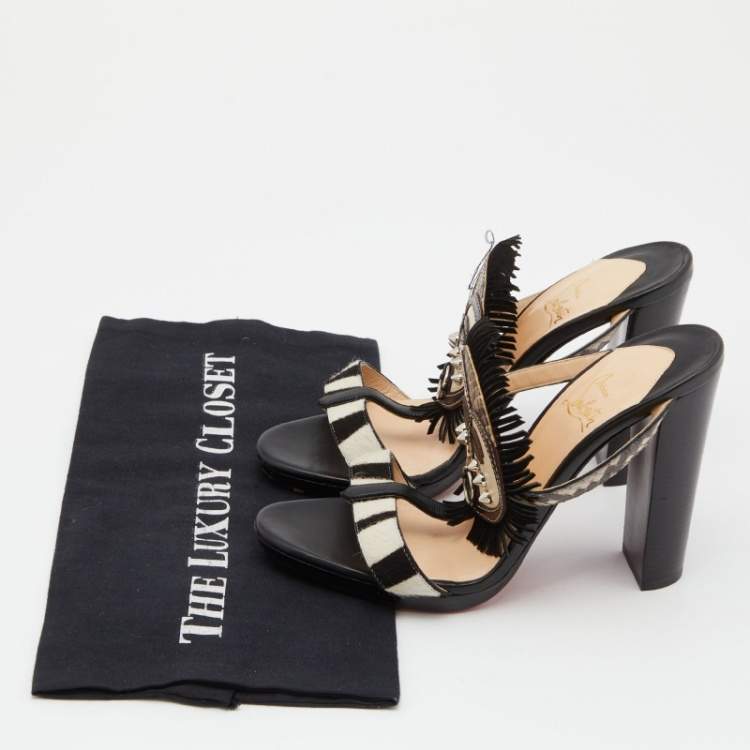 Pre Owned Christian Louboutin Multicolor Calfhair,Leather and Python Kimpa Mask Cuff Python Slide Sandals Size 38.5