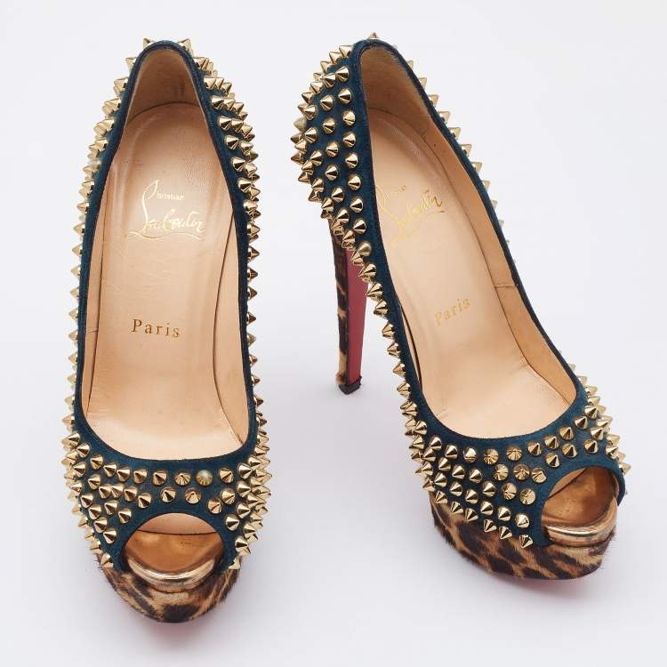 Pre Owned Christian Louboutin Multicolor Suede and Calfhair Lady Peep-Toe Spikes Platform Pumps Size 36