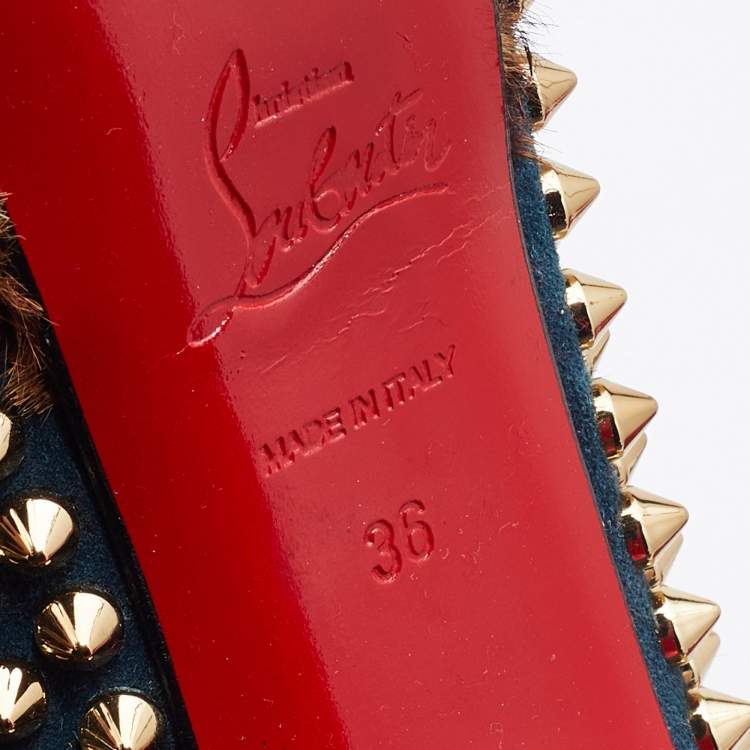Pre Owned Christian Louboutin Multicolor Suede and Calfhair Lady Peep-Toe Spikes Platform Pumps Size 36