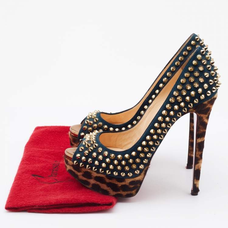 Pre Owned Christian Louboutin Multicolor Suede and Calfhair Lady Peep-Toe Spikes Platform Pumps Size 36