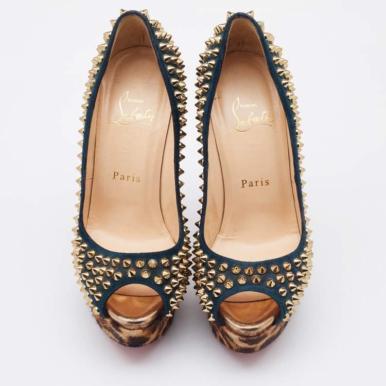 Pre Owned Christian Louboutin Multicolor Suede and Calfhair Lady Peep-Toe Spikes Platform Pumps Size 36